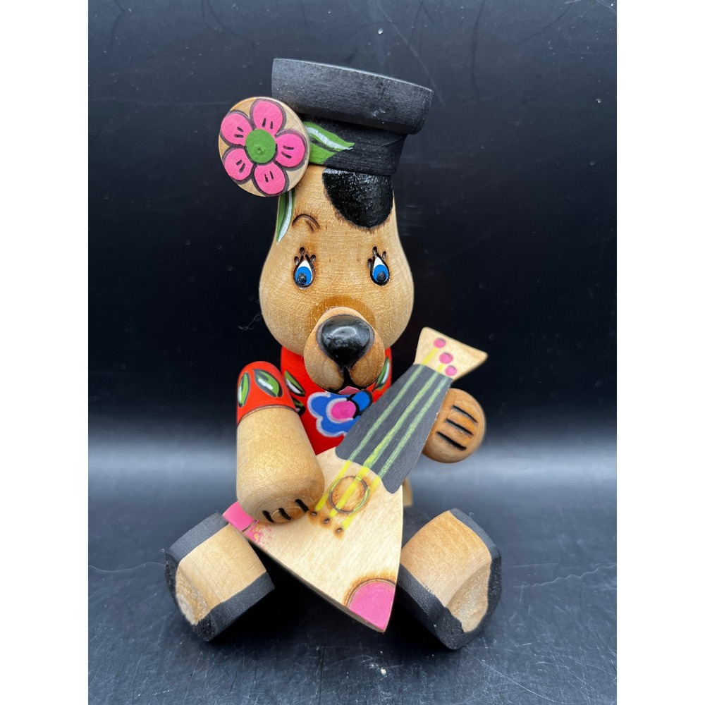 Vtg Russian Wooden Bear Musician Bailalaika Figurine Folk Art Hand Painted 4.5"